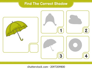 Find the correct shadow. Find and match the correct shadow of Umbrella. Educational children game, printable worksheet, vector illustration
