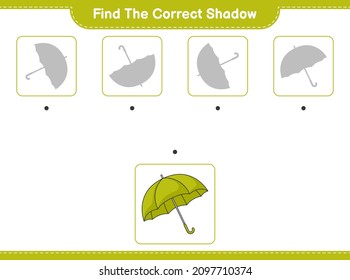 Encuentra la sombra correcta. Encuentra y coincide con la sombra correcta del paraguas. Juego infantil educativo, hoja de cálculo imprimible, ilustración vectorial