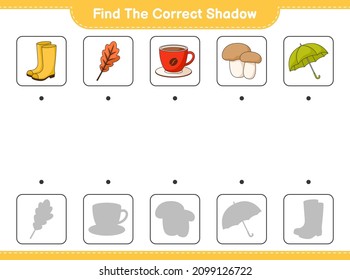 Find the correct shadow. Find and match the correct shadow of Umbrella, Rubber Boots, Oak Leaf, Coffee Cup, Mushroom Boletus. Educational children game, printable worksheet, vector illustration