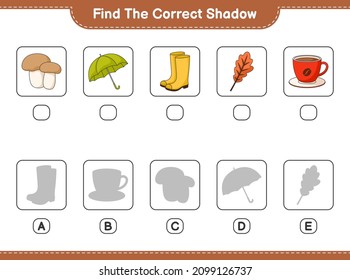 Encuentra la sombra correcta. Encontrar y emparejar la sombra correcta de los paraguas, las botas de goma, la hoja de roble, la copa de café, el hongo Boletus. Juego infantil educativo, hoja de cálculo imprimible, ilustración vectorial
