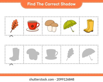 Find the correct shadow. Find and match the correct shadow of Umbrella, Rubber Boots, Oak Leaf, Coffee Cup, Mushroom Boletus. Educational children game, printable worksheet, vector illustration
