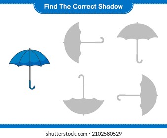 Finden Sie den richtigen Schatten. Finden Sie den passenden Schatten des Regenschirms. Kinderspiel, druckbares Arbeitsblatt, Vektorgrafik