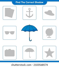 Find the correct shadow. Find and match the correct shadow of Umbrella. Educational children game, printable worksheet, vector illustration