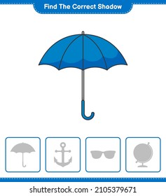 Find the correct shadow. Find and match the correct shadow of Umbrella. Educational children game, printable worksheet, vector illustration