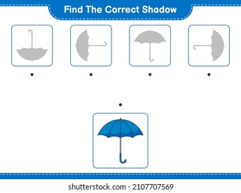 Encuentra la sombra correcta. Encuentra y coincide con la sombra correcta del paraguas. Juego infantil educativo, hoja de cálculo imprimible, ilustración vectorial