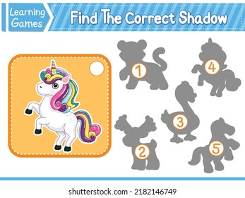 Find The Correct Shadow Find And Match The Correct Shadow Of Unicorn. Kids Educational Game. Printable Worksheet Vector Illustration. Children Learning Game