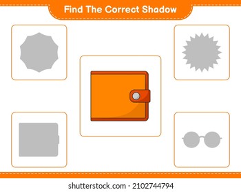 Find the correct shadow. Find and match the correct shadow of Wallet. Educational children game, printable worksheet, vector illustration