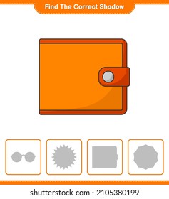 Find the correct shadow. Find and match the correct shadow of Wallet. Educational children game, printable worksheet, vector illustration
