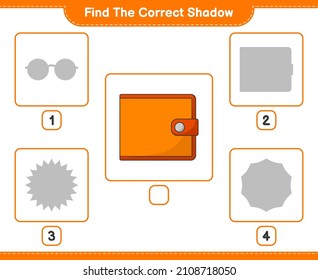 Find the correct shadow. Find and match the correct shadow of Wallet. Educational children game, printable worksheet, vector illustration