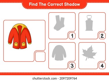 Finden Sie den richtigen Schatten. Finden Sie den richtigen Schatten der warmen Kleidung und passen Sie ihn an. Kinderspiel, druckbares Arbeitsblatt, Vektorgrafik