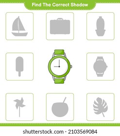 Find the correct shadow. Find and match the correct shadow of Watches. Educational children game, printable worksheet, vector illustration
