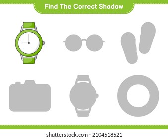 Find the correct shadow. Find and match the correct shadow of Watches. Educational children game, printable worksheet, vector illustration