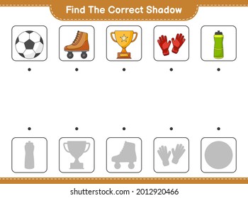 Find the correct shadow. Find and match the correct shadow of Water Bottle, Trophy, Soccer Ball, Goalkeeper Gloves, and Roller Skate. Educational children game