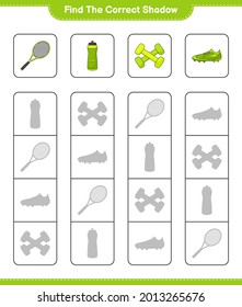 Find the correct shadow. Find and match the correct shadow of Water Bottle, Tennis Racket, Soccer Shoes and Dumbbell. Educational children game, printable worksheet, vector illustration