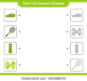 Find the correct shadow. Find and match the correct shadow of Water Bottle, Tennis Racket, Soccer Shoes and Dumbbell. Educational children game, printable worksheet, vector illustration