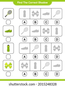 Find the correct shadow. Find and match the correct shadow of Water Bottle, Tennis Racket, Soccer Shoes and Dumbbell. Educational children game, printable worksheet, vector illustration