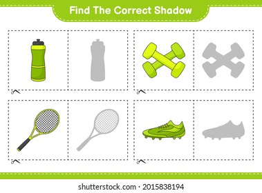 Find the correct shadow. Find and match the correct shadow of Water Bottle, Tennis Racket, Soccer Shoes and Dumbbell. Educational children game, printable worksheet, vector illustration