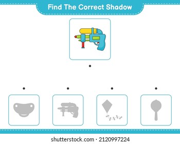 Find the correct shadow. Find and match the correct shadow of Water Gun. Educational children game, printable worksheet, vector illustration