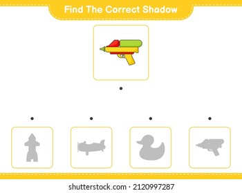 Encuentra la sombra correcta. Buscar y coincidir con la sombra correcta de la pistola de agua. Juego infantil educativo, hoja de cálculo imprimible, ilustración vectorial