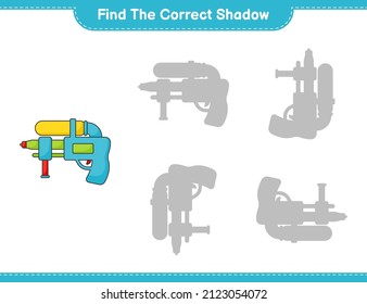 Encuentra la sombra correcta. Buscar y coincidir con la sombra correcta de la pistola de agua. Juego infantil educativo, hoja de cálculo imprimible, ilustración vectorial