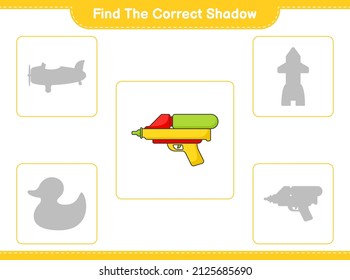 Find the correct shadow. Find and match the correct shadow of Water Gun. Educational children game, printable worksheet, vector illustration