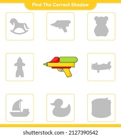 Find the correct shadow. Find and match the correct shadow of Water Gun. Educational children game, printable worksheet, vector illustration