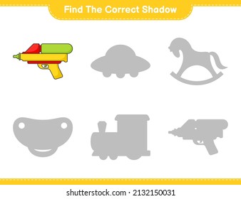 Find the correct shadow. Find and match the correct shadow of Water Gun. Educational children game, printable worksheet, vector illustration