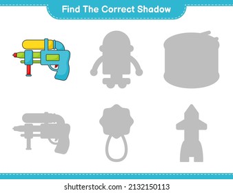 Encuentra la sombra correcta. Buscar y coincidir con la sombra correcta de la pistola de agua. Juego infantil educativo, hoja de cálculo imprimible, ilustración vectorial