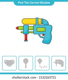 Find the correct shadow. Find and match the correct shadow of Water Gun. Educational children game, printable worksheet, vector illustration