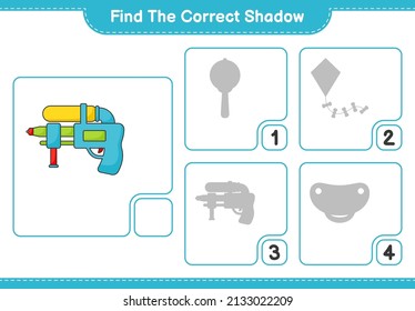 Finden Sie den richtigen Schatten. Finden Sie und passen Sie den richtigen Schatten von Water Gun an. Kinderspiel, druckbares Arbeitsblatt, Vektorgrafik