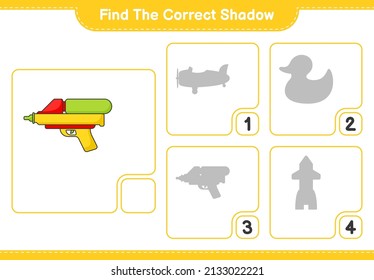 Encuentra la sombra correcta. Buscar y coincidir con la sombra correcta de la pistola de agua. Juego infantil educativo, hoja de cálculo imprimible, ilustración vectorial