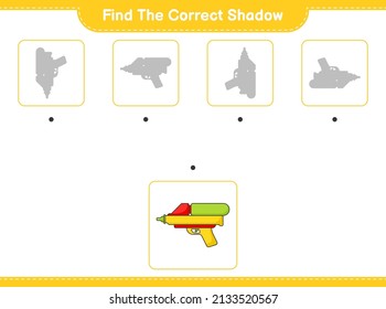 Finden Sie den richtigen Schatten. Finden Sie und passen Sie den richtigen Schatten von Water Gun an. Kinderspiel, druckbares Arbeitsblatt, Vektorgrafik