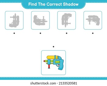 Encuentra la sombra correcta. Buscar y coincidir con la sombra correcta de la pistola de agua. Juego infantil educativo, hoja de cálculo imprimible, ilustración vectorial