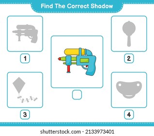 Encuentra la sombra correcta. Buscar y coincidir con la sombra correcta de la pistola de agua. Juego infantil educativo, hoja de cálculo imprimible, ilustración vectorial