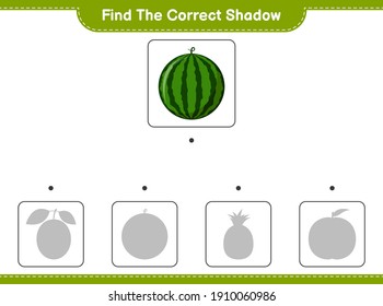 Find the correct shadow. Find and match the correct shadow of Watermelon. Educational children game, printable worksheet, vector illustration