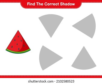 Encuentra la sombra correcta. Buscar y coincidir con la sombra correcta de la sandía. Juego infantil educativo, hoja de cálculo imprimible, ilustración vectorial