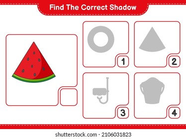 Encuentra la sombra correcta. Buscar y coincidir con la sombra correcta de la sandía. Juego infantil educativo, hoja de cálculo imprimible, ilustración vectorial