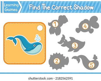 Encuentra La Sombra Correcta Y Coincide Con La Sombra Correcta De La Ballena. Juego Educativo para Niños. Ilustración de vectores de hojas de trabajo imprimibles. Juego de aprendizaje infantil