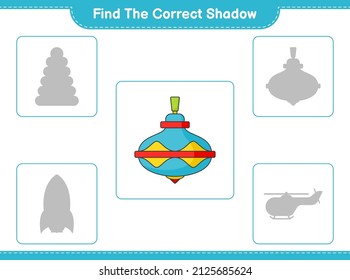 Encuentra la sombra correcta. Encuentra y coincide con la sombra correcta de Whirligig Toy. Juego infantil educativo, hoja de cálculo imprimible, ilustración vectorial