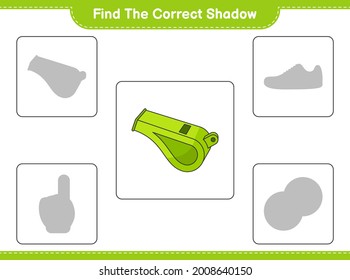 Encuentra la sombra correcta. Buscar y coincidir con la sombra correcta de Whistle. Juego infantil educativo, hoja de cálculo imprimible, ilustración vectorial
