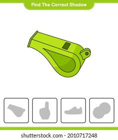 Find the correct shadow. Find and match the correct shadow of Whistle. Educational children game, printable worksheet, vector illustration