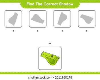 Find the correct shadow. Find and match the correct shadow of Whistle. Educational children game, printable worksheet, vector illustration