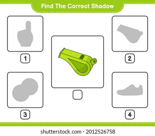 Find the correct shadow. Find and match the correct shadow of Whistle. Educational children game, printable worksheet, vector illustration