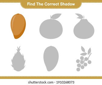 Encuentra la sombra correcta. Buscar y coincidir con la sombra correcta de Zapote. Juego infantil educativo, hoja de cálculo imprimible, ilustración vectorial