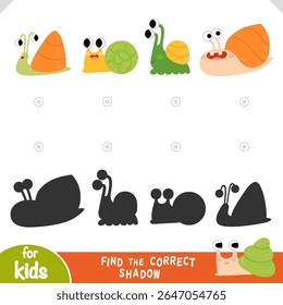 Find the correct shadow matching educational game for kids with cute cartoon snails. Vector illustration for preschool children learning activities. Funny matching printable worksheet