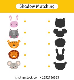 Find the correct shadow. Shadow matching game for kids. Worksheet with animals. Kids activity for preschool and school age. Vector illustration