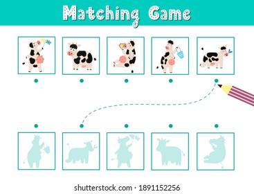 Find the correct shadow matching game with cute cows. Funny activity page for kids. Search the silhouette puzzle. Vector illustration