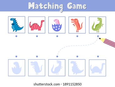 Find the correct shadow matching game with cute dinosaurs. Funny activity page for kids. Search the silhouette puzzle. Vector illustration