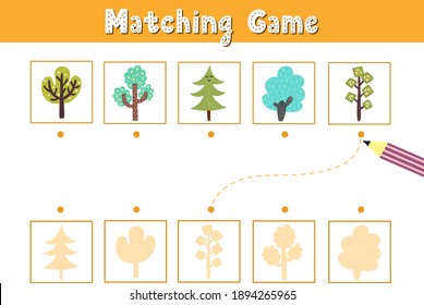 Finden Sie den richtigen Schatten. Spiel mit süßen Bäumen. Schöne Aktivitätsseite für Kinder. Durchsuche das Silhouettenpuzzle. Vektorgrafik
