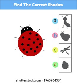 Find The Correct Shadow Matching Game Animal Ladybug Cartoon Illustration Vector.